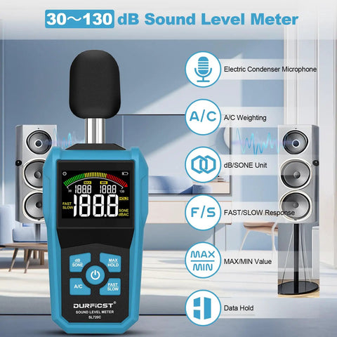 Everyday Boss Sound Level Meter For Home And Work handheld blue plastic device with display and microphone in living room
