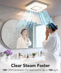 Woman in white robe in bathroom with Quiet 100 CFM Bathroom Exhaust Fan With Light, 1.5 Sones, venting steam above mirror