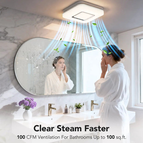 Woman in white robe in bathroom with Quiet 100 CFM Bathroom Exhaust Fan With Light, 1.5 Sones, venting steam above mirror
