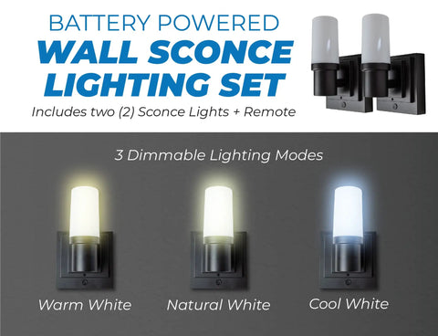 Two Pack Battery Operated Wall Sconces With Remote Easy No Wire Install Matte Black LED Wall Lights 160 Lumen Dimmable Plastic Sconces Auto Shut Off After 4 Hours showing three dimmable color modes: warm, natural, and cool white.