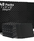 Top Shelf Heavy Duty 48 Pack Sound Proof Foam Panels High Density Acoustic Wedge Tiles For Wall Decor Noise Cutting Home Studio Office Game Room Vibe Boost, black foam tiles stacked.