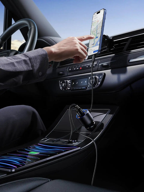 Person using 130W USB C Car Charger For iPhone And Galaxy in car, charging phone. Multi Device Type C Car Adapter with Safe Smart Charging.
