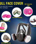 Image of a full-face respirator mask surrounded by various filter cartridges. Includes 2091 particulate filter and 6200 green filter box.
