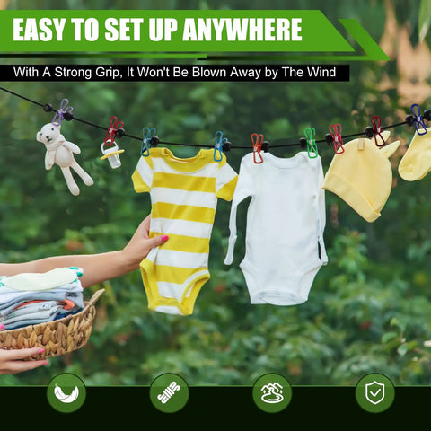 2 Pack Portable Camping Clothesline Set With 12 Colorful Clothespins And 13 Windproof Non Slip Clamps holding baby clothes