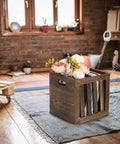 Wood Storage Bin Cube Crate With Handles Rustic Brown Decorative Box in living room with books and flowers