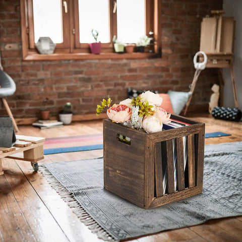 Wood Storage Bin Cube Crate With Handles Rustic Brown Decorative Box in living room with books and flowers