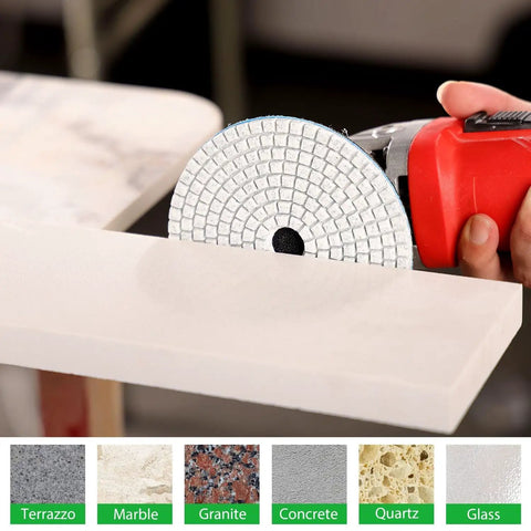 Diamond Polishing Pads Set 5 Inch With 5/8-11 Hook And Loop Backing used on stone edge with drill for polishing