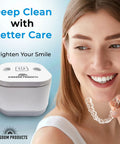 All In One Ultrasonic Retainer Cleaner 2026 Edition With 200ML Pod, 45kHz Cleaning Machine For Dentures, aligner shown with woman