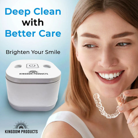 All In One Ultrasonic Retainer Cleaner 2026 Edition With 200ML Pod, 45kHz Cleaning Machine For Dentures, aligner shown with woman