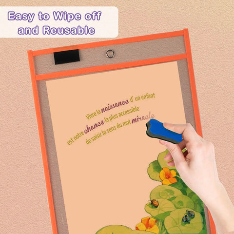 Colorful Dry Erase Pockets Set 6 Pack 10 By 13 Inch Reusable Plastic Sleeves for Classroom Use demonstration with text erasing