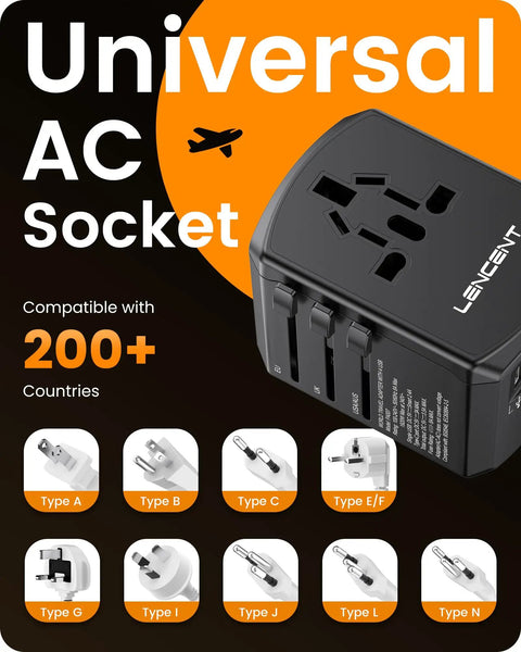 Universal Travel Power Adapter With 2 USB C Ports And 2 USB A Ports Worldwide Wall Charger 4 In 1 International Plug Adapter For US EU UK Ireland Australia Type C G A I Black shown with socket types.