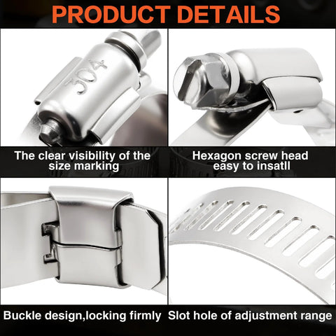 Hose clamp kit collage: 185-piece, 304 stainless, worm-drive clamps with organizer box (front/side/close-up).
