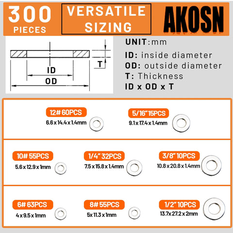 Stainless steel flat washer set AKOSN, SAE 304, 300-piece eight-size assortment (counts shown).