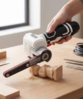 Badass Cordless Belt Sander With Brushless Motor And Rotating Head For Wood Or Sheet Metal Works Comes With Ten Spare Sanding Belts, detailed work on a wood carving.