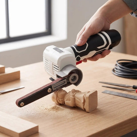 Badass Cordless Belt Sander With Brushless Motor And Rotating Head For Wood Or Sheet Metal Works Comes With Ten Spare Sanding Belts, detailed work on a wood carving.