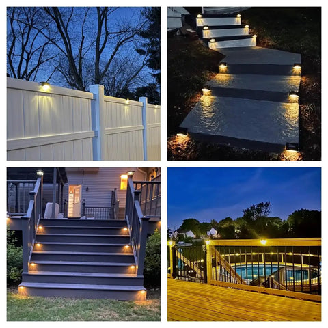 16 Pack Solar Deck Lights For Stairs And Fences Setting Those Sweet Backyard Vibes With A Dang Nice Warm White Glow Plus No Sweat Mounting and Zero Electric Bills, featured on steps and fences.