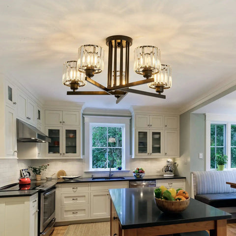 Five Light Crystal Chandelier In Dope Black Close To Ceiling Pendant Light Fixture for kitchen shown in modern interior
