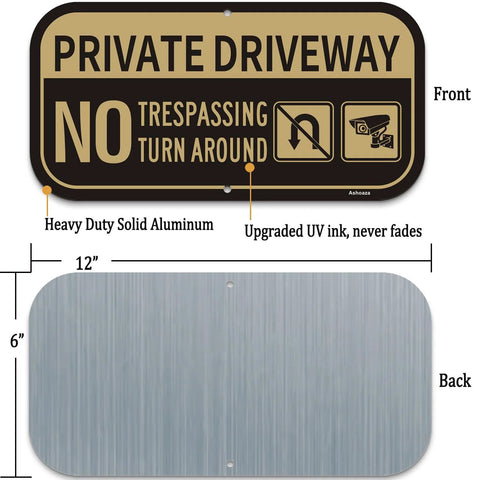 Ashoaza private driveway sign, 12x6 in aluminum, two-pack; front reads NO TRESPASSING, back shows brushed metal.