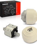 Heavy Duty Engine Motor Mount And Transmission Mount Kit Set Of 3 Rock Solid Build parts displayed with packaging for Mercedes Benz C Class E Class.