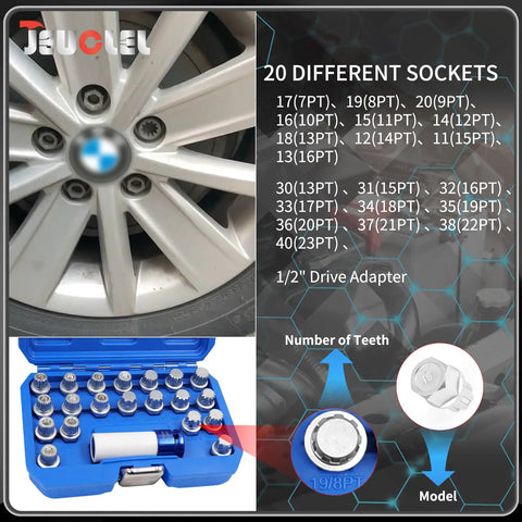 BMW Compatible 21 Piece Wheel Lock Nut Key Kit All In One Socket Tool Set case and sockets visible