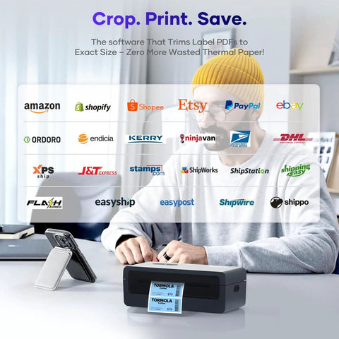 Wireless 4x6 Bluetooth Thermal Label Printer For Small Business And Shipping Print From IPhone Android Windows MacOS Easy App Connectivity For Amazon FBA And Shopify Orders Compact Desk Friendly on desk with smartphone