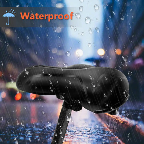Super Comfy Wide Bike Seat For Women And Men With Memory Foam Cushion Anti Shock Padding under rain showcasing waterproof feature