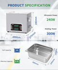 Beat Nasty Grime Like A Pro With This Heavy Duty Ultrasonic Cleaner Featuring A Spacious Ten Liter Tank And Quick Heater, showcasing product specifications.