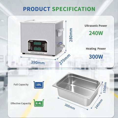 Beat Nasty Grime Like A Pro With This Heavy Duty Ultrasonic Cleaner Featuring A Spacious Ten Liter Tank And Quick Heater, showcasing product specifications.