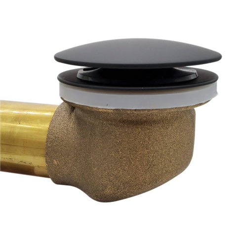 Coarse Thread One And A Half Inch NPSM Mushroom Tip Toe Bathtub Drain Stopper Matte Black With Full Coverage Cap, side view.