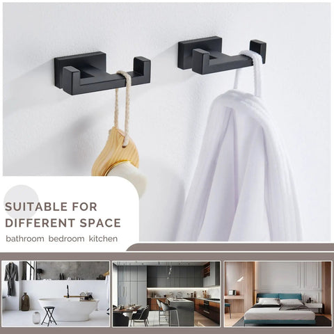 Matte Black Stainless Steel Double Towel Hooks For Wall Mount, SUS304 Robe Coat Hangers in bathroom, holding towel and brush.