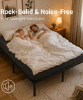 Queen Size Metal Platform Bed Frame With Heavy Duty Steel Construction And Eleven Tough Support Legs Giving You Serious Under Bed Storage For Rock Solid Stability Zero Wobble And A Really Comfy Place To Rest Tonight, featuring a couple resting comfortably.