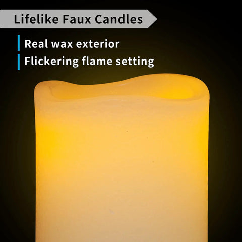 Close-up of ivory real wax flameless candle with flickering flame, part of Ivory Real Wax Flameless Candles Bundle With Remote And Timer Adjustable Brightness Battery Operated Pillars And Votives 8 Pack Including Four Pillars 3x4 And 3x6 And Four Votives Safe For Homes With Kids And Pets
