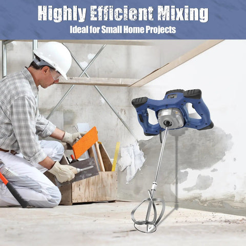 Boss Grade Heavy Duty Handheld Cement Mixer Portable Concrete Mixing Drill With 2100W Motor And Six Variable Speeds on a worksite.