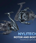 ReKon Saltwater Spinning Reel With NyliTech Body And Water Resistant Design showcasing NyliTech rotor and body components