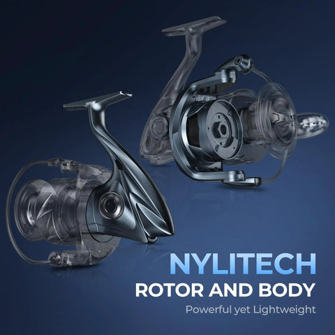 ReKon Saltwater Spinning Reel With NyliTech Body And Water Resistant Design showcasing NyliTech rotor and body components