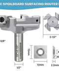 Heavy Duty Half Inch Shank Two And A Half Inch Cutting Diameter CNC Spoilboard Surfacing Router Bit with Four Wing Replaceable Industrial Grade Carbide Tipped Inserts for Slab Flattening Bottom Cleaning and Woodworking Milling, shown with dimensions.