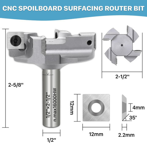 Heavy Duty Half Inch Shank Two And A Half Inch Cutting Diameter CNC Spoilboard Surfacing Router Bit with Four Wing Replaceable Industrial Grade Carbide Tipped Inserts for Slab Flattening Bottom Cleaning and Woodworking Milling, shown with dimensions.