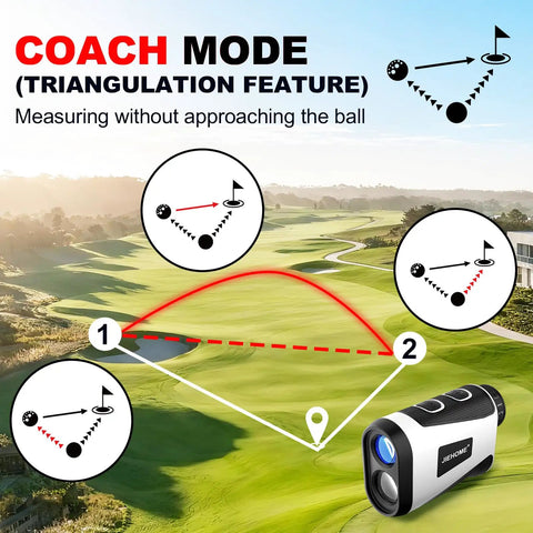 Golf Rangefinder With Slope And Magnetic, Coach Mode And Triangulation, Upgraded Laser Rangefinder, 1200 Yard Range, 7X Magnification, Seven Modes For Golf And Hunting, Easy Pin Lock For Men And Women showing coach mode triangulation on course