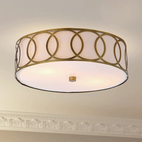 Lit 12.25-Inch Brass Gold 2-Light Sleek Modern Metal LED Flush Mount Ceiling Light With White Linen Drum Shade And Geometric Fretwork