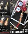 Oxy Acetylene Torch Quick Connect Fittings Fit Nine Sixteenths Inch B UNF Threads Heavy Duty Reusable Adapters for welding hoses and gas lines, connected to an acetylene tank showcasing high-quality brass construction and good sealing performance.