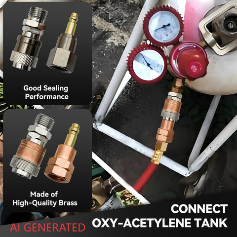 Oxy Acetylene Torch Quick Connect Fittings Fit Nine Sixteenths Inch B UNF Threads Heavy Duty Reusable Adapters for welding hoses and gas lines, connected to an acetylene tank showcasing high-quality brass construction and good sealing performance.