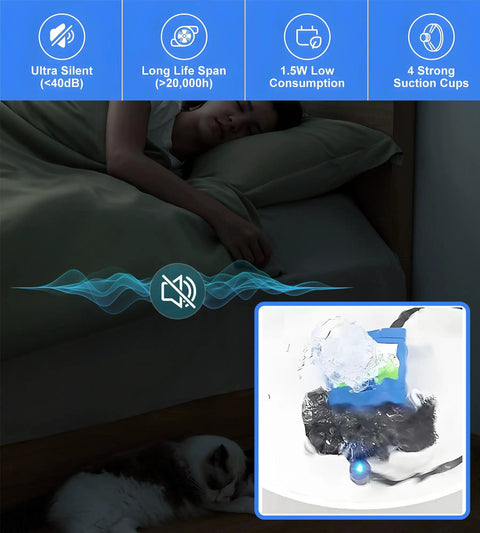 Image of Cat Water Fountain Pump Submersible USB 5V, Ultra Quiet No Fuss Auto Shut Off in a room with a cat sleeping beside it.