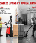3500 Lbs Semi Electric Pallet Stacker Heavy Duty Workhorse in warehouse contrasting powered and manual lifting.