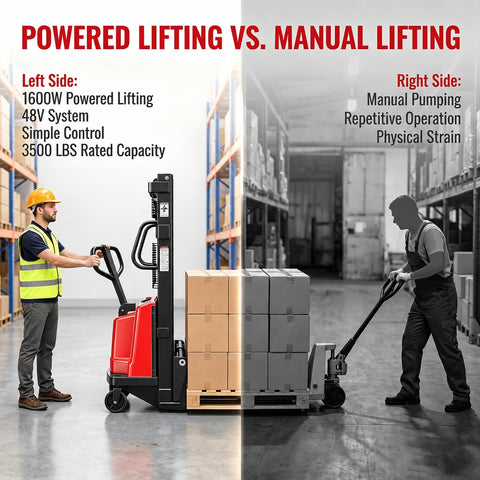 3500 Lbs Semi Electric Pallet Stacker Heavy Duty Workhorse in warehouse contrasting powered and manual lifting.