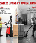 Electric Pallet Jack And Semi Electric Stacker With 3500 Lbs Load Capacity Plus 94 8 Inch Max Lift in warehouse side by side comparison.