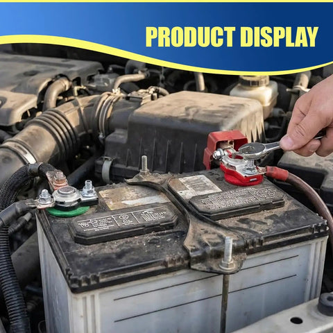 Heavy Duty Car Battery Terminal Connectors With Anti Corrosion Washers Galvanized Iron shown on a vehicle battery with wrench.