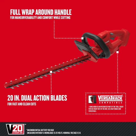 V20 Cordless Hedge Trimmer With Battery And Charger Included 20 Inch Dual Action Blade with wrap around handle