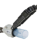 TurboShear Drill Attachment For Corrugated Metal Roofing, 360 Degree Rotating, shown in side view with metal blades and plastic cover.