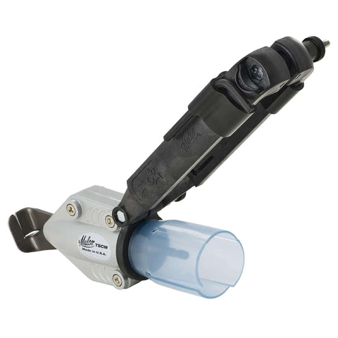 TurboShear Drill Attachment For Corrugated Metal Roofing, 360 Degree Rotating, shown in side view with metal blades and plastic cover.