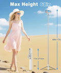Model using 68 Inch Magnetic Selfie Stick Tripod With Aluminum MagSafe Holder in desert, showcasing max height and portability.